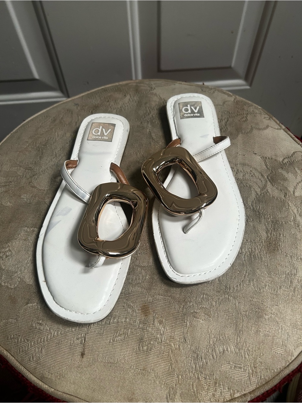 Dolce Vita Jameson Embellished White Thong Sandals with Gold Buckle Detail